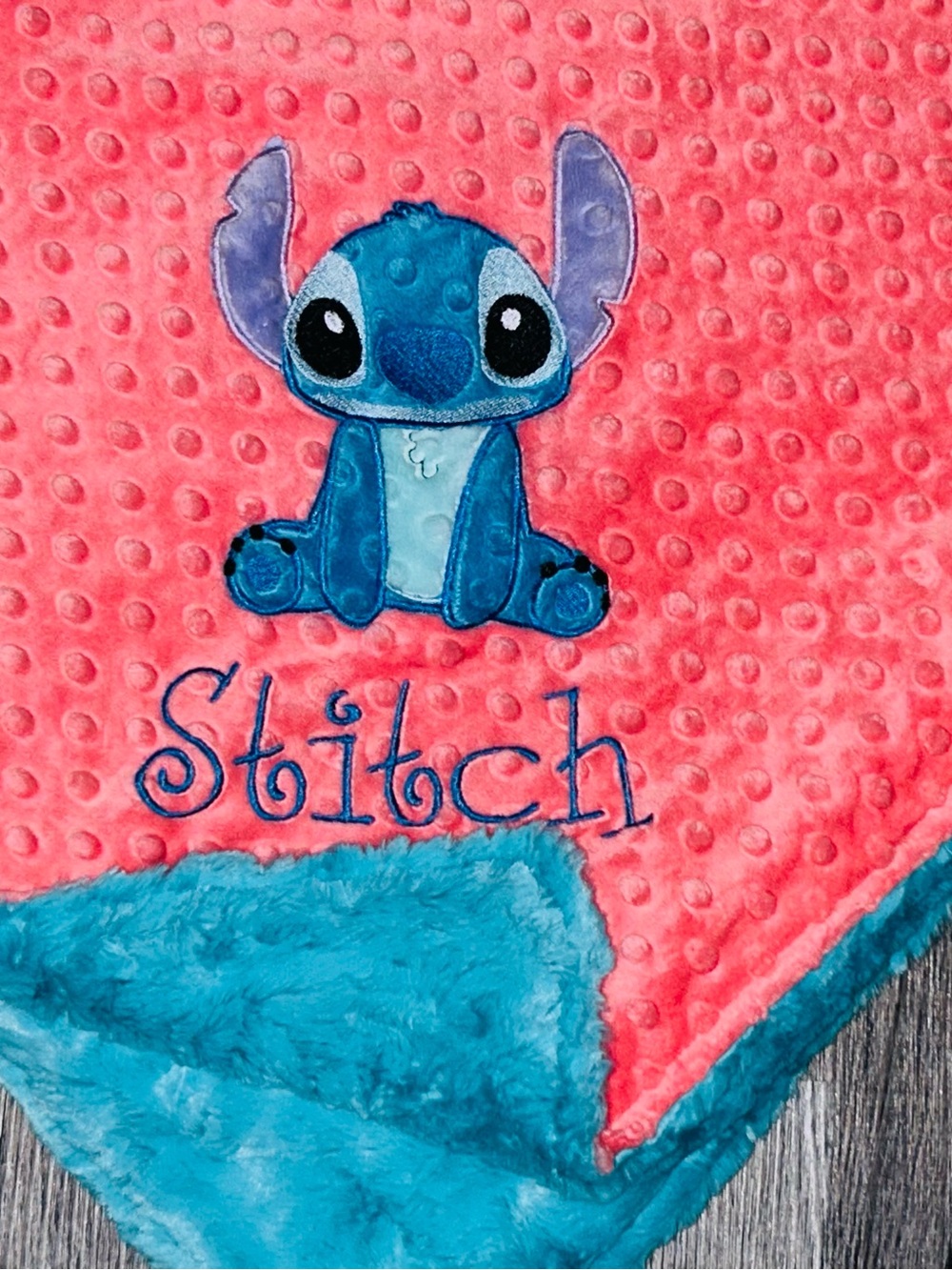 Handmade Minky Blanket- Disney Lilo & Stitch - Coral Pink & Teal- Large Size